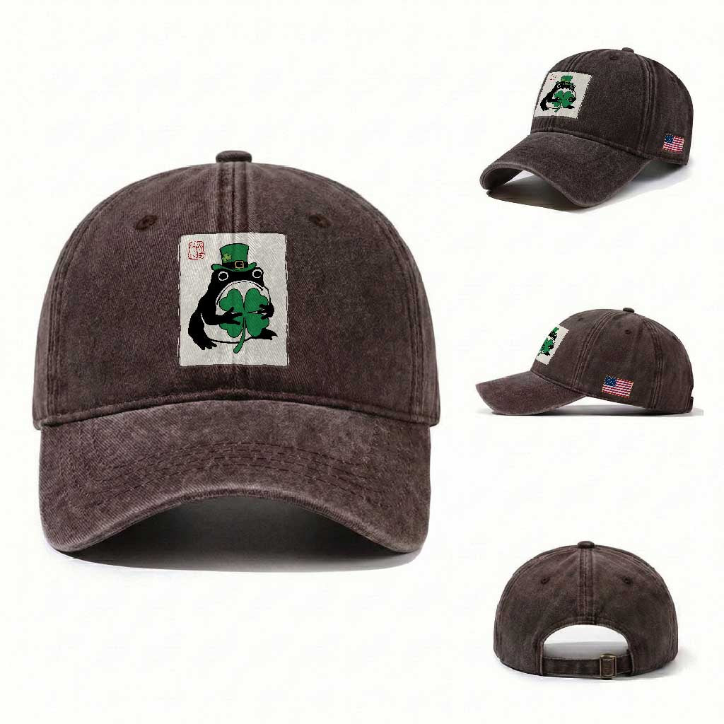 Vintage Japanese Grumpy Frog Washed Cotton Baseball Cap Lucky St Paddys Day TS12 Washed Cap Universal Fit Dark Brown Print Your Wear