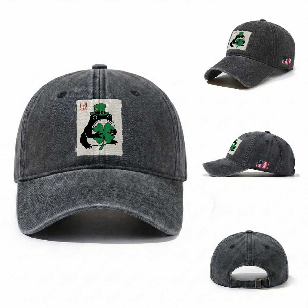 Vintage Japanese Grumpy Frog Washed Cotton Baseball Cap Lucky St Paddys Day TS12 Washed Cap Universal Fit Dark Gray Print Your Wear