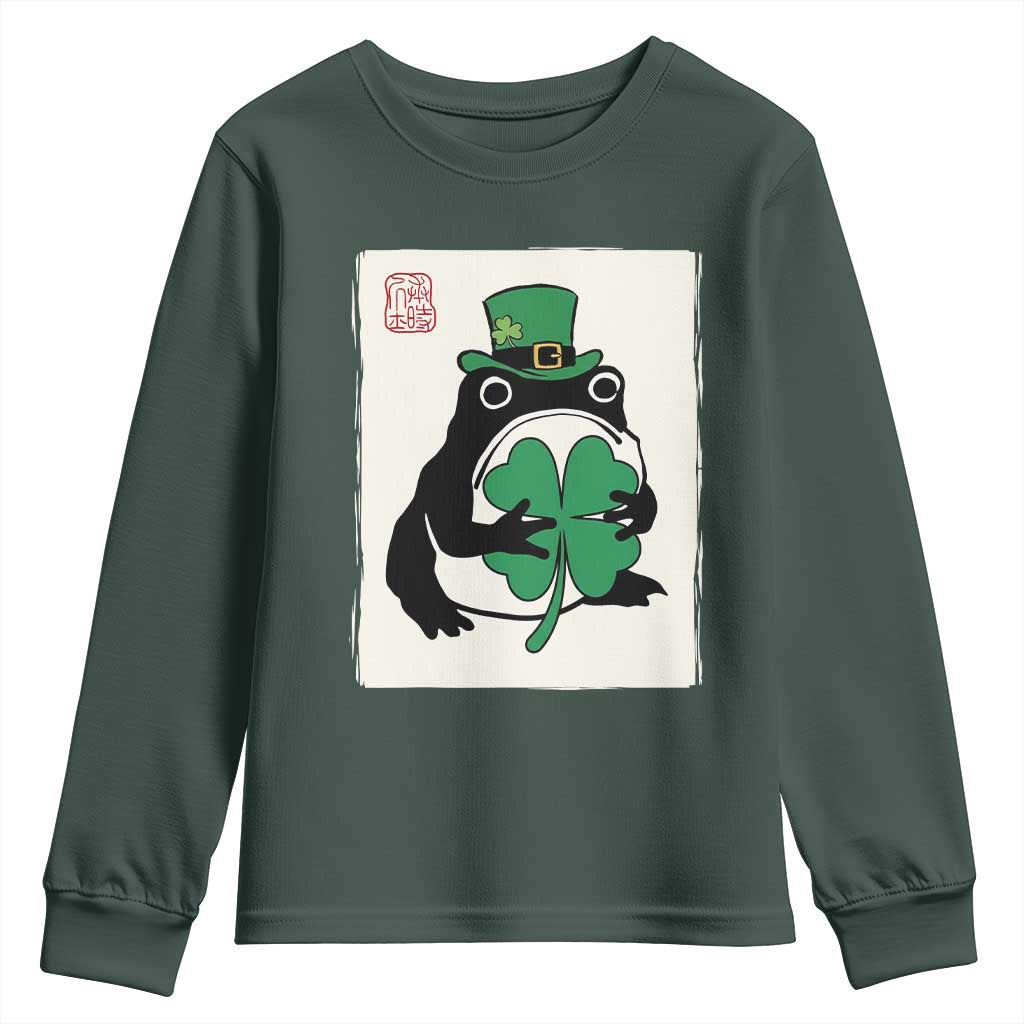Vintage Japanese Grumpy Frog Youth Sweatshirt Lucky St Paddys Day TS12 Dark Forest Green Print Your Wear