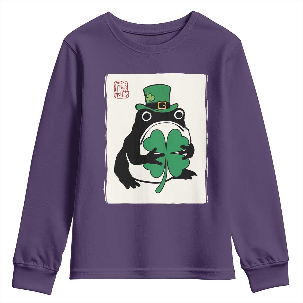 Vintage Japanese Grumpy Frog Youth Sweatshirt Lucky St Paddys Day TS12 Purple Print Your Wear
