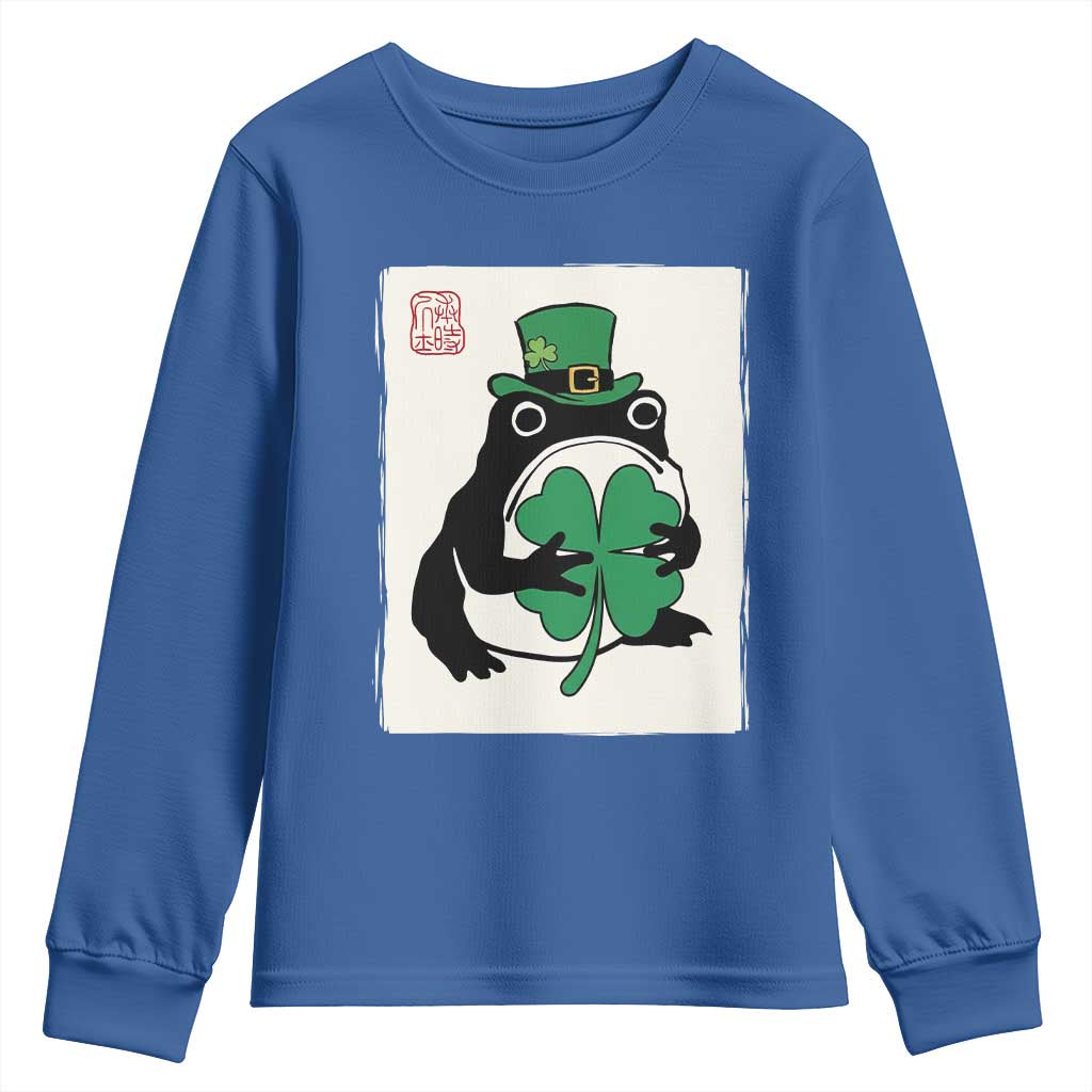 Vintage Japanese Grumpy Frog Youth Sweatshirt Lucky St Paddys Day TS12 Royal Blue Print Your Wear