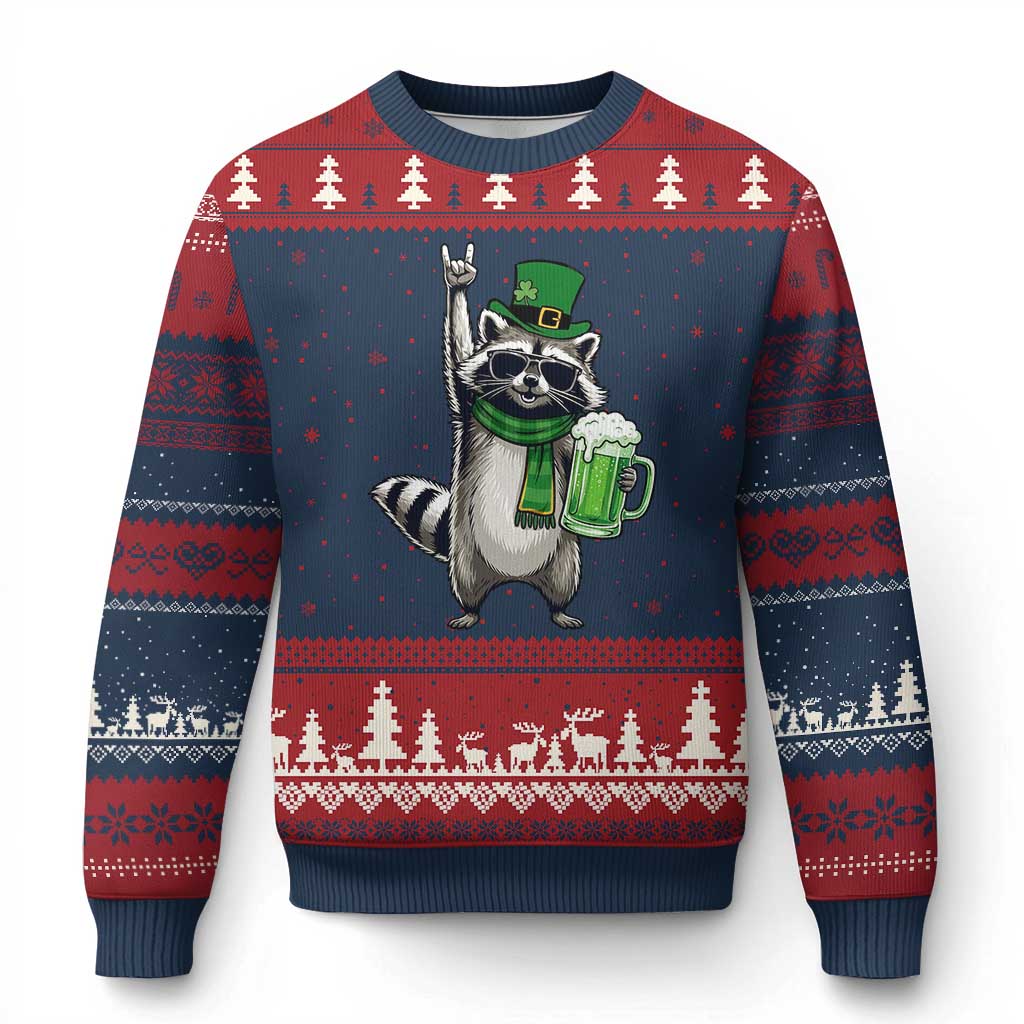Funny Raccoon Rock On Ugly Christmas Sweater St Patricks Day Gift TS12 Navy Red Print Your Wear