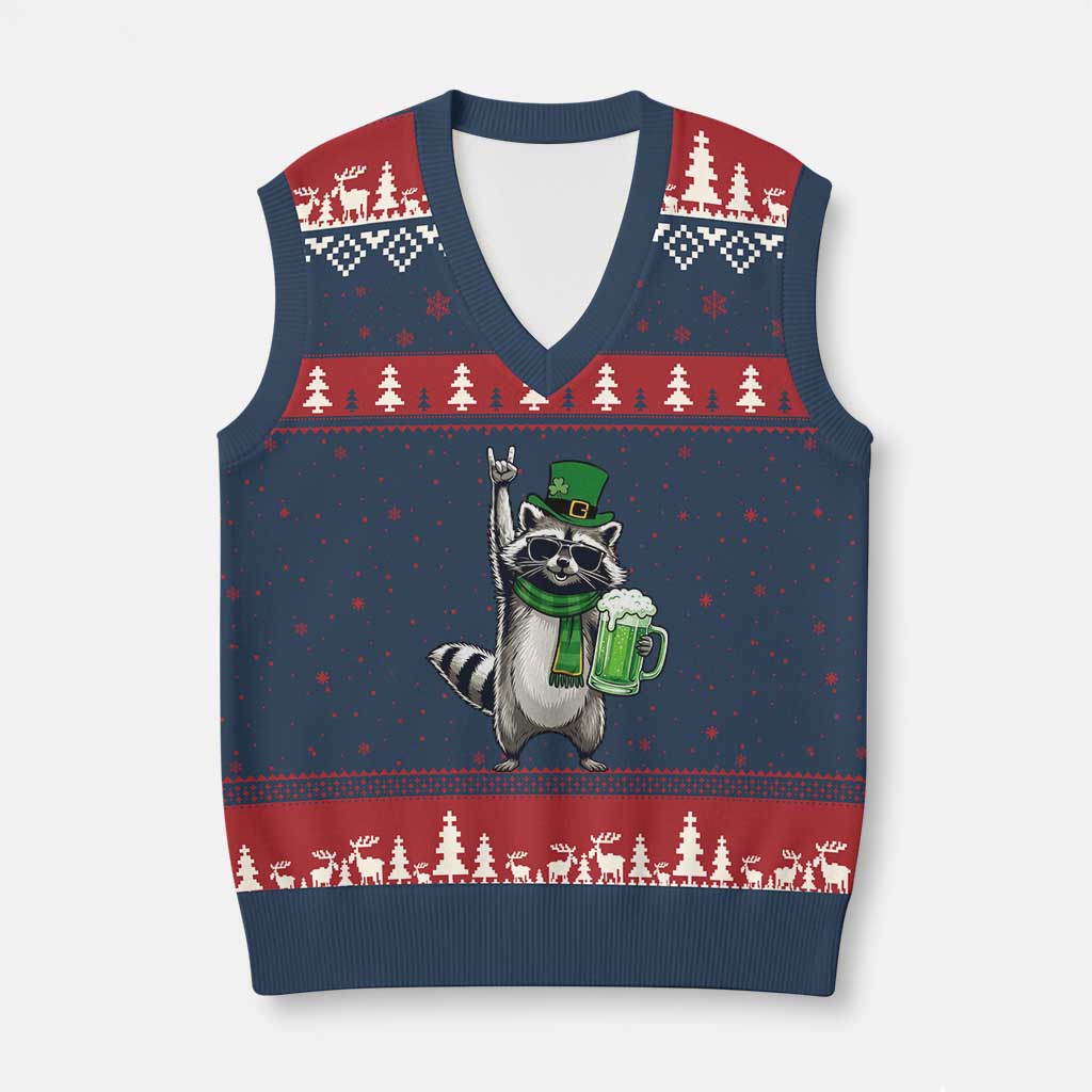 Funny Raccoon Rock On V-Neck Knit Sweater Vest St Patricks Day Gift TS12 Navy Red Print Your Wear