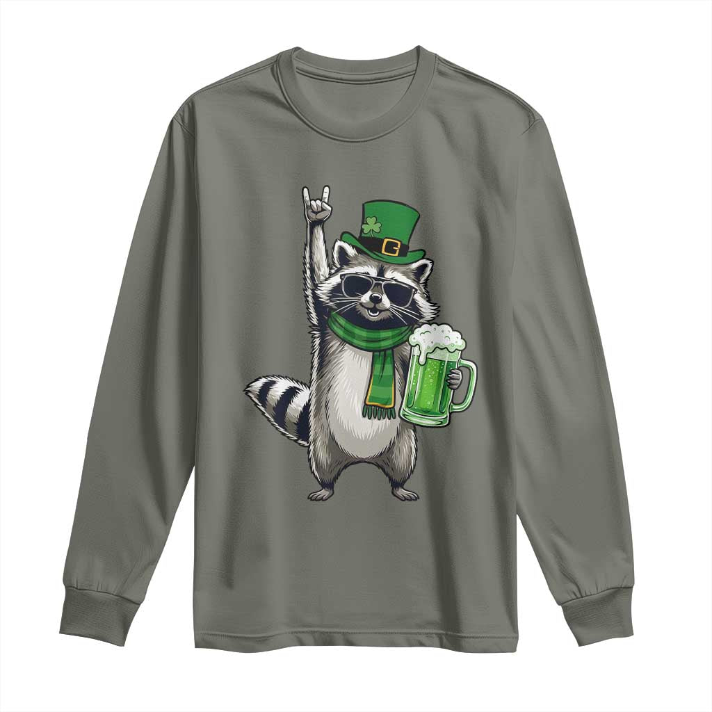 Funny Raccoon Rock On Long Sleeve Shirt St Patricks Day Gift TS12 Military Green Print Your Wear