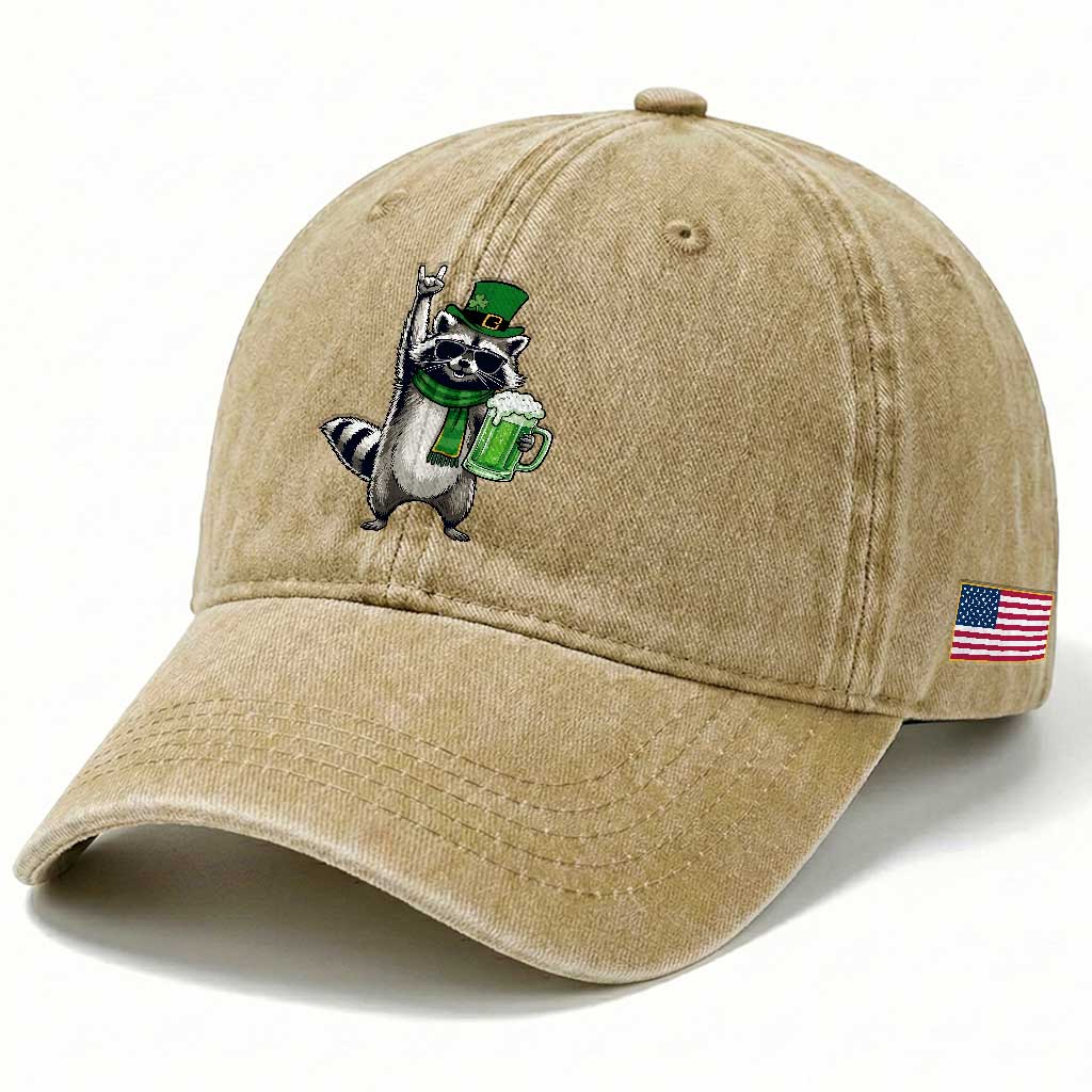 Funny Raccoon Rock On Washed Cotton Baseball Cap St Patricks Day Gift TS12 Print Your Wear