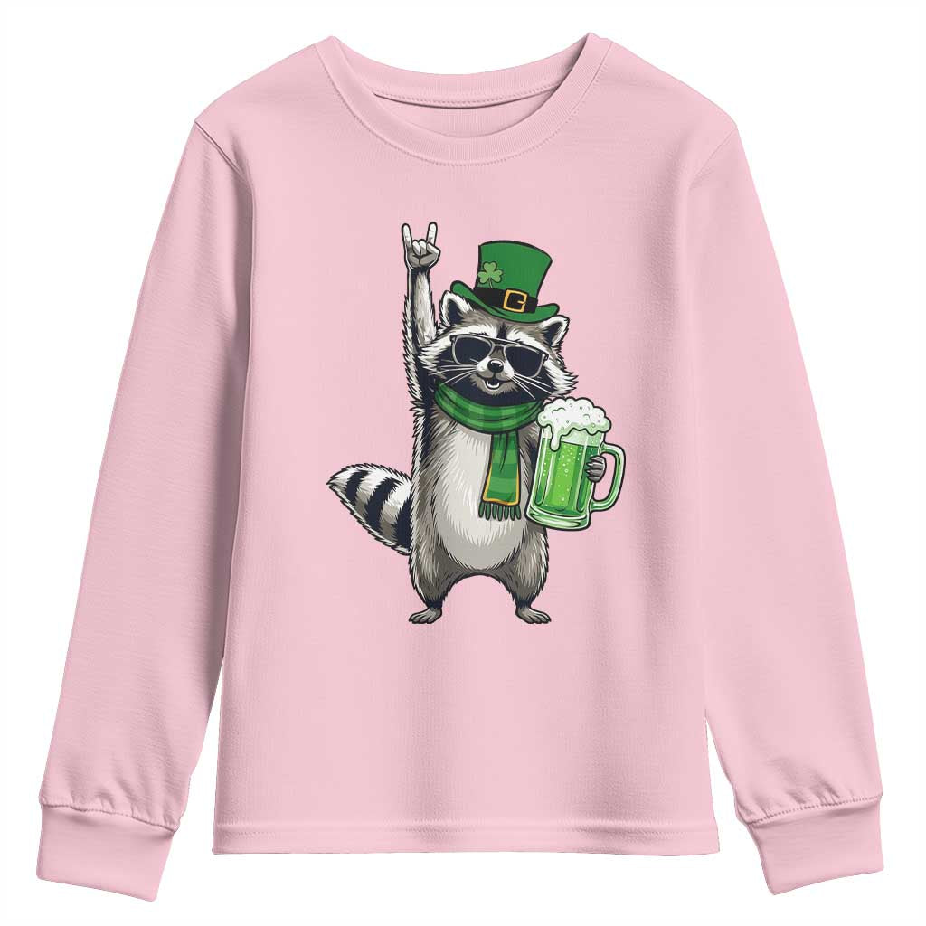 Funny Raccoon Rock On Youth Sweatshirt St Patricks Day Gift TS12 Light Pink Print Your Wear