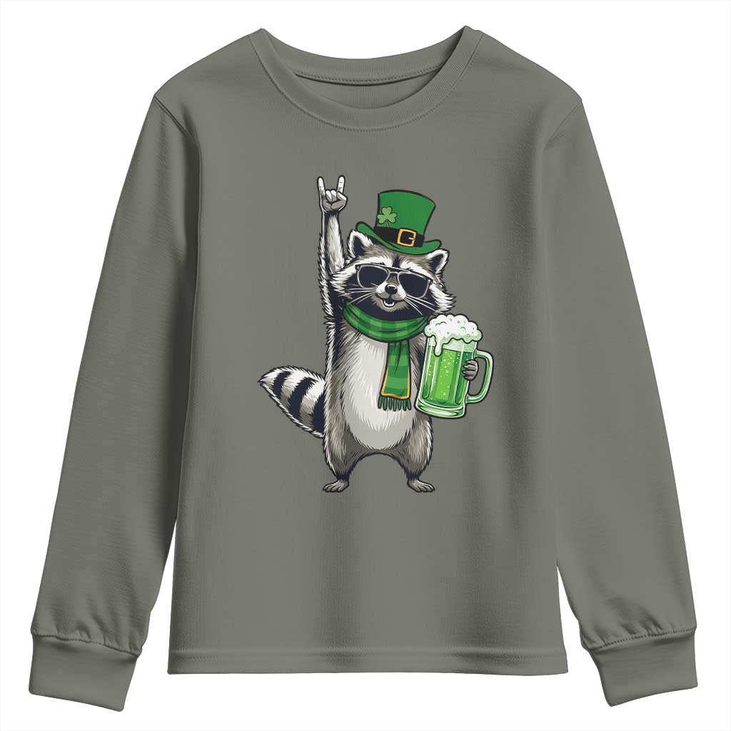 Funny Raccoon Rock On Youth Sweatshirt St Patricks Day Gift TS12 Military Green Print Your Wear