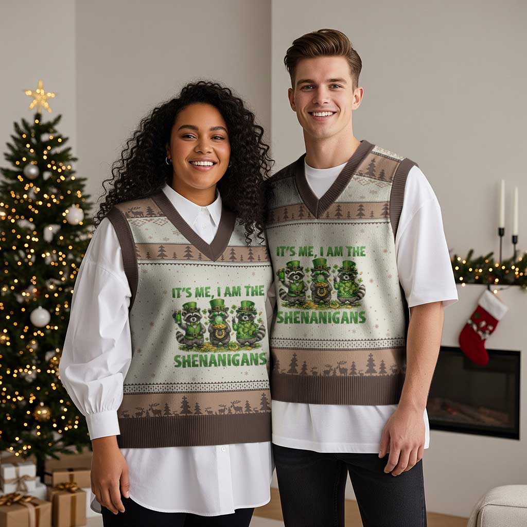 I Am The Shenanigans V-Neck Knit Sweater Vest Funny Irish Raccoon St Patricks Day TS12 Mocha Mousse Print Your Wear