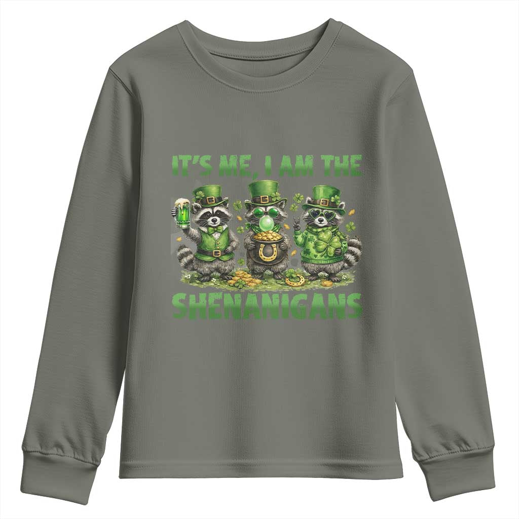 I Am The Shenanigans Youth Sweatshirt Funny Irish Raccoon St Patricks Day TS12 Military Green Print Your Wear