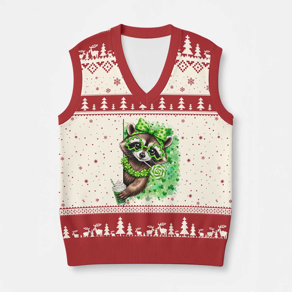 Funny Raccoon St Patricks Day V-Neck Knit Sweater Vest Irish Party Animal Gift TS12 Beige Red Print Your Wear