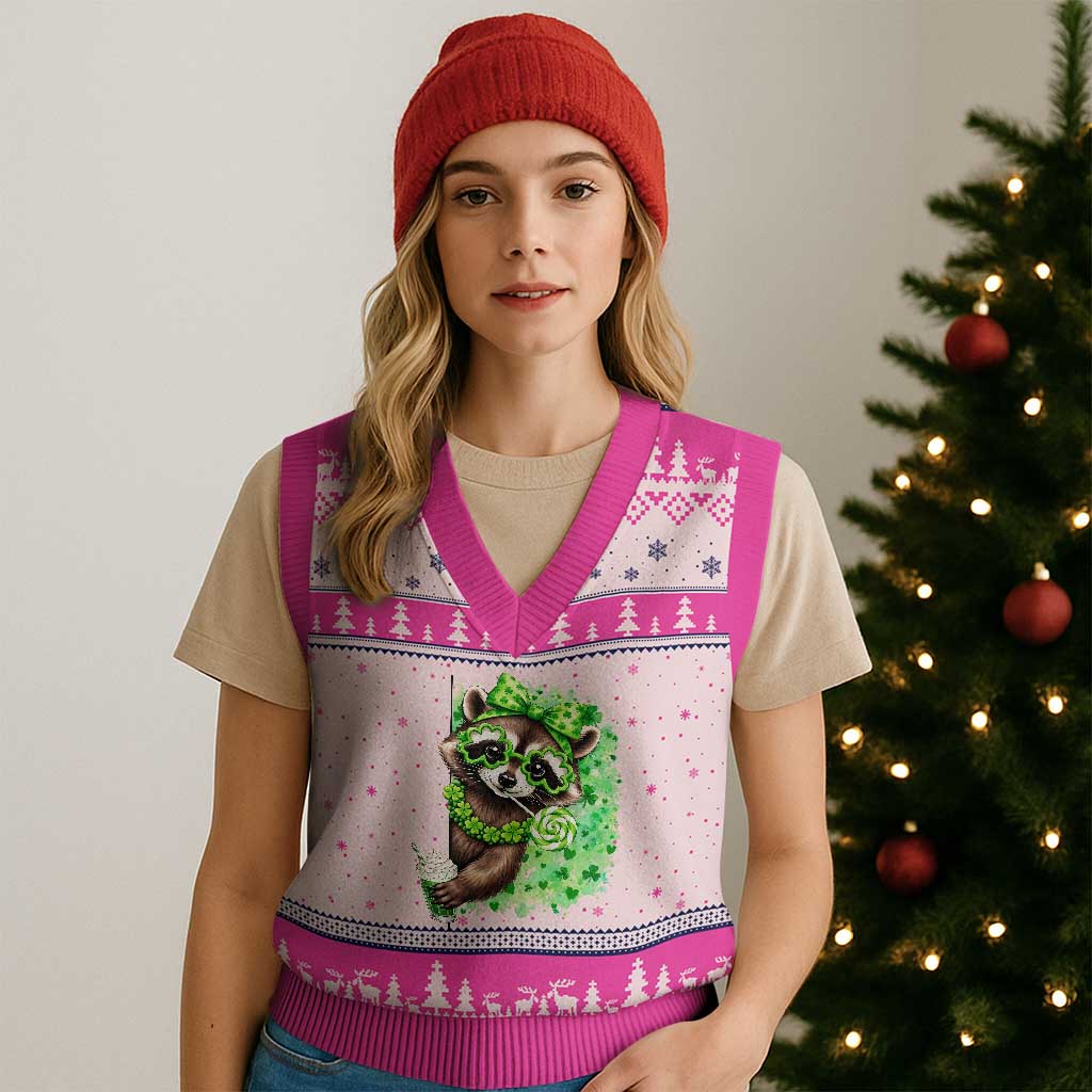 Funny Raccoon St Patricks Day V-Neck Knit Sweater Vest Irish Party Animal Gift TS12 Hot Pink Print Your Wear