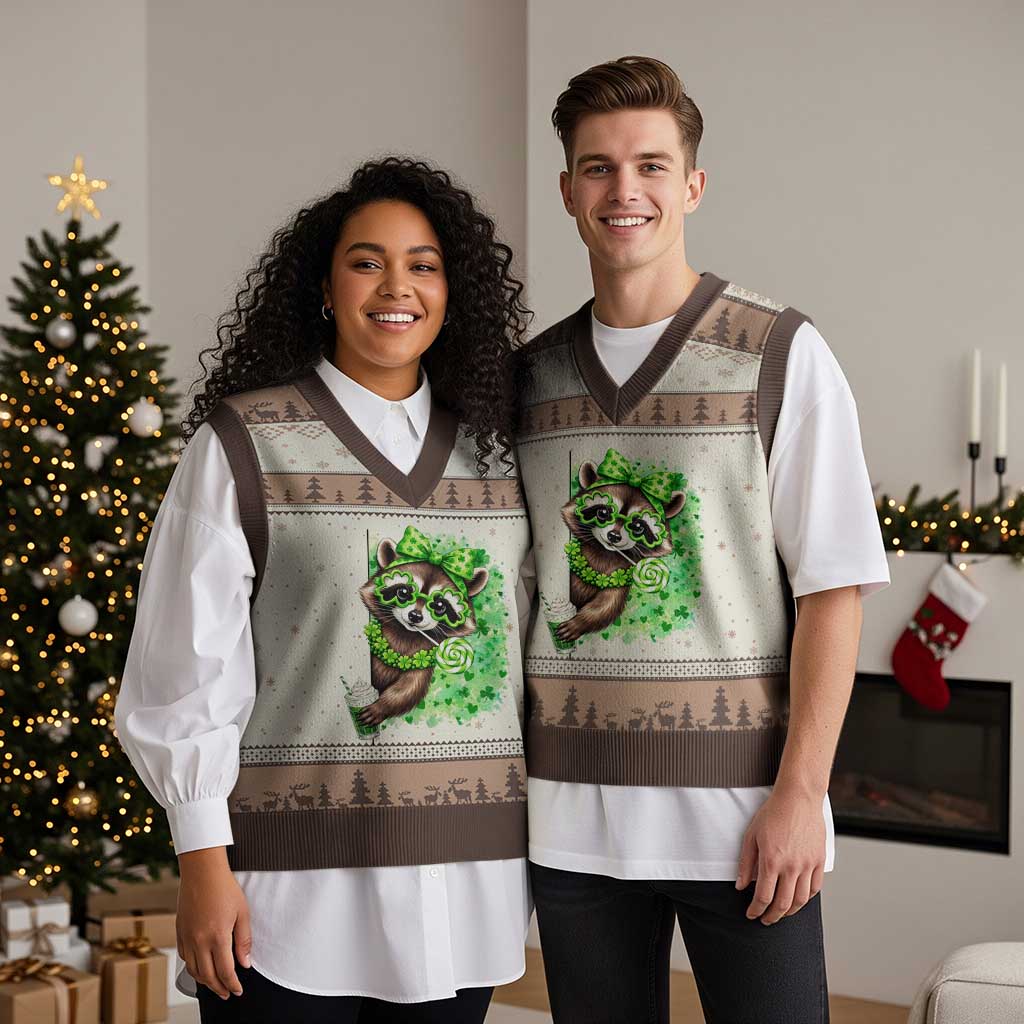 Funny Raccoon St Patricks Day V-Neck Knit Sweater Vest Irish Party Animal Gift TS12 Mocha Mousse Print Your Wear