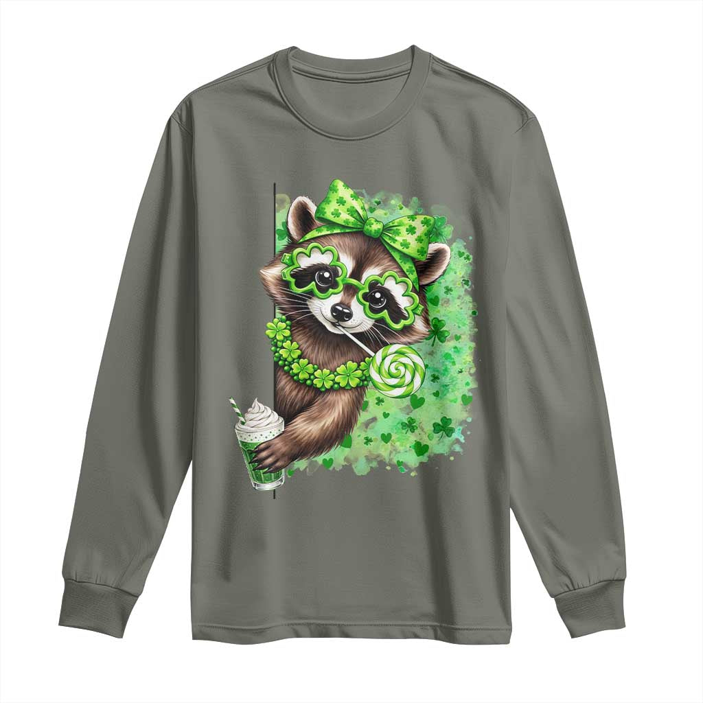 Funny Raccoon St Patricks Day Long Sleeve Shirt Irish Party Animal Gift TS12 Military Green Print Your Wear