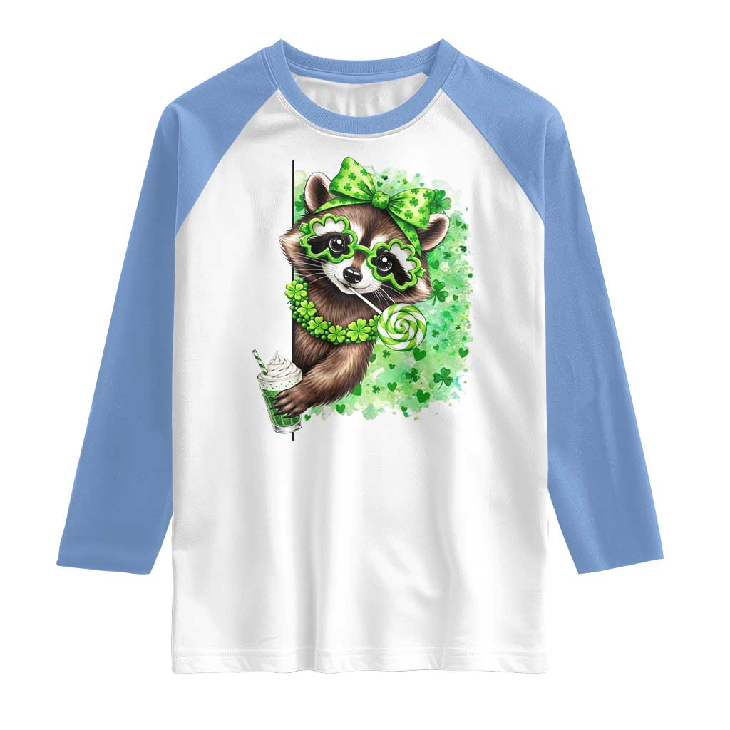 Funny Raccoon St Patricks Day Raglan Shirt Irish Party Animal Gift TS12 White Carolina Blue Print Your Wear