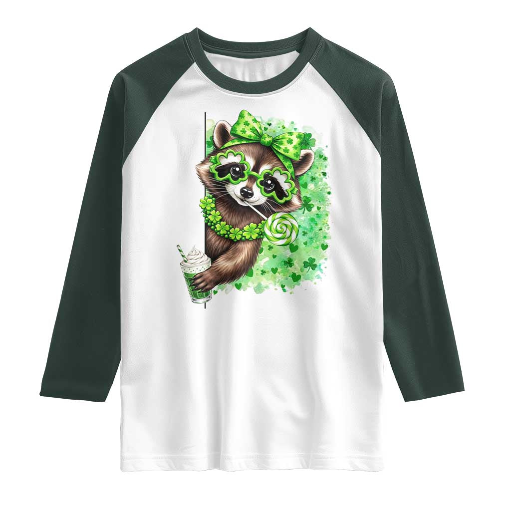 Funny Raccoon St Patricks Day Raglan Shirt Irish Party Animal Gift TS12 White Dark Forest Green Print Your Wear