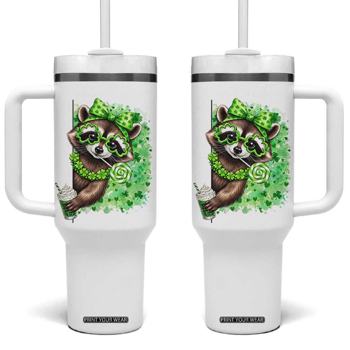 Funny Raccoon St Patricks Day Tumbler With Handle Irish Party Animal Gift TS12 One Size: 40 oz White Print Your Wear