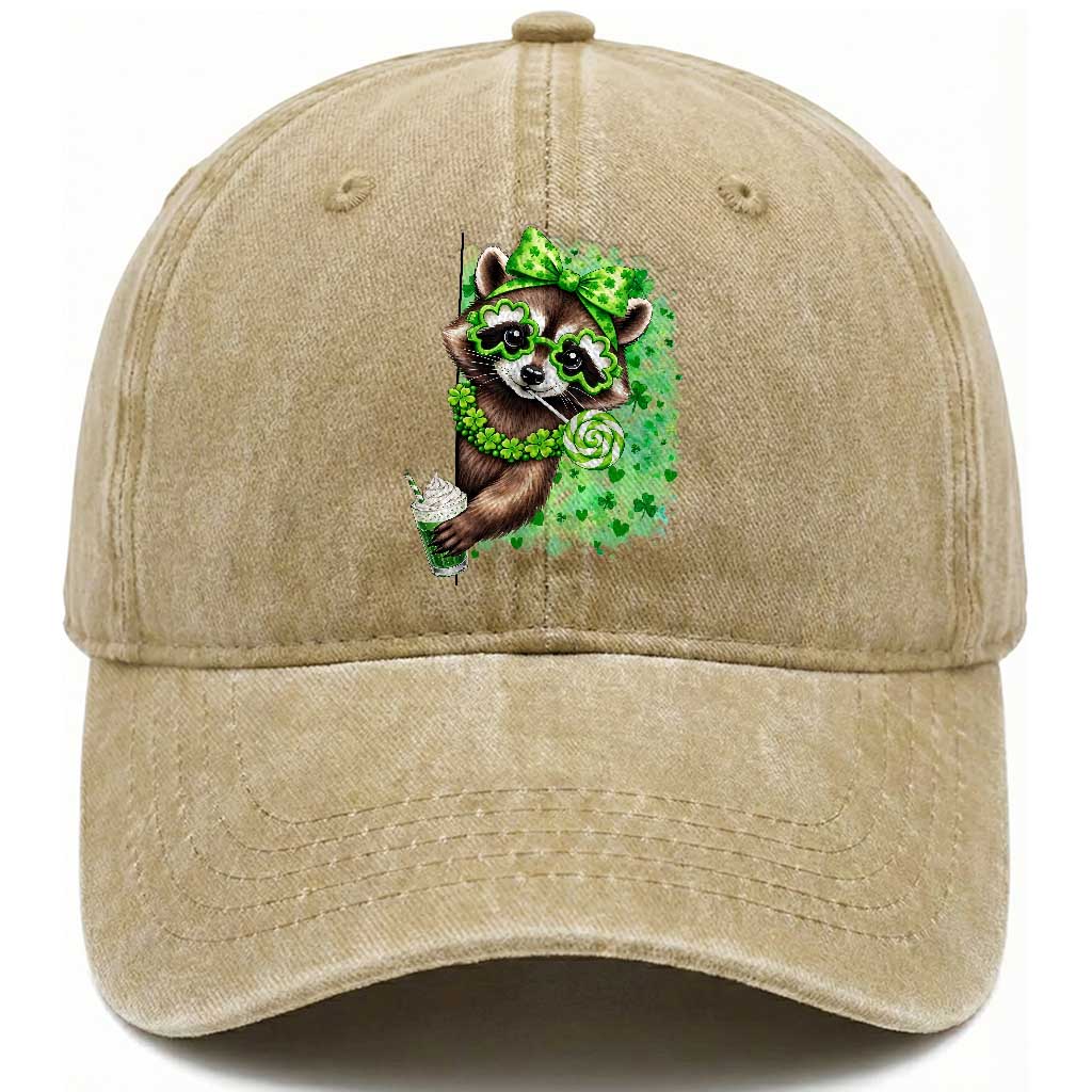 Funny Raccoon St Patricks Day Washed Cotton Baseball Cap Irish Party Animal Gift TS12 Print Your Wear