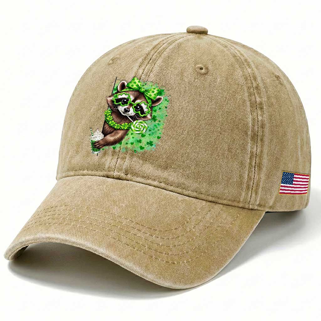 Funny Raccoon St Patricks Day Washed Cotton Baseball Cap Irish Party Animal Gift TS12 Print Your Wear