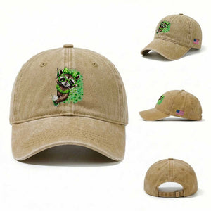 Funny Raccoon St Patricks Day Washed Cotton Baseball Cap Irish Party Animal Gift TS12 Washed Cap Universal Fit Khaki Print Your Wear