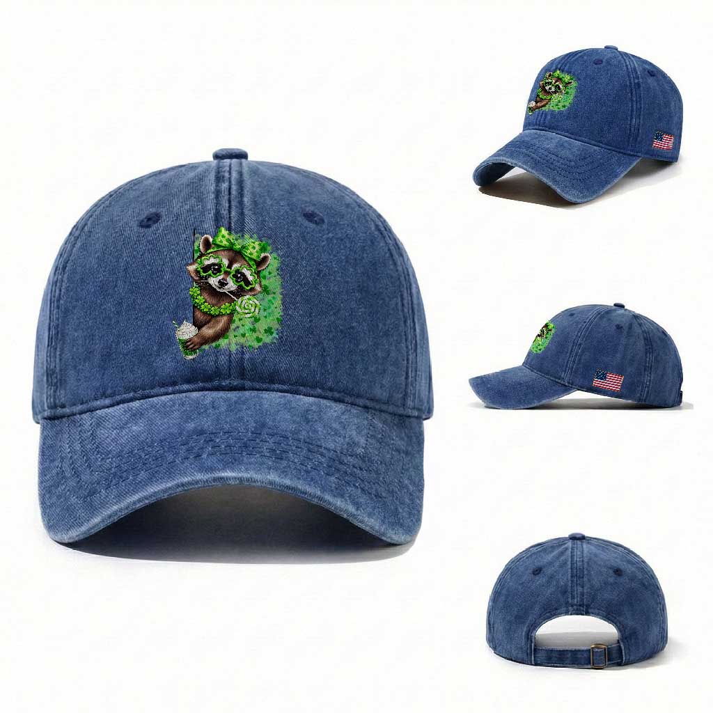 Funny Raccoon St Patricks Day Washed Cotton Baseball Cap Irish Party Animal Gift TS12 Washed Cap Universal Fit Royal Blue Print Your Wear