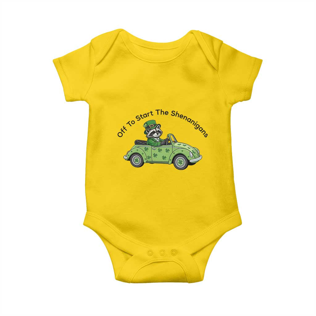 Off To Start The Shenanigans Baby Onesie Funny Irish Raccoon TS12 Daisy Print Your Wear