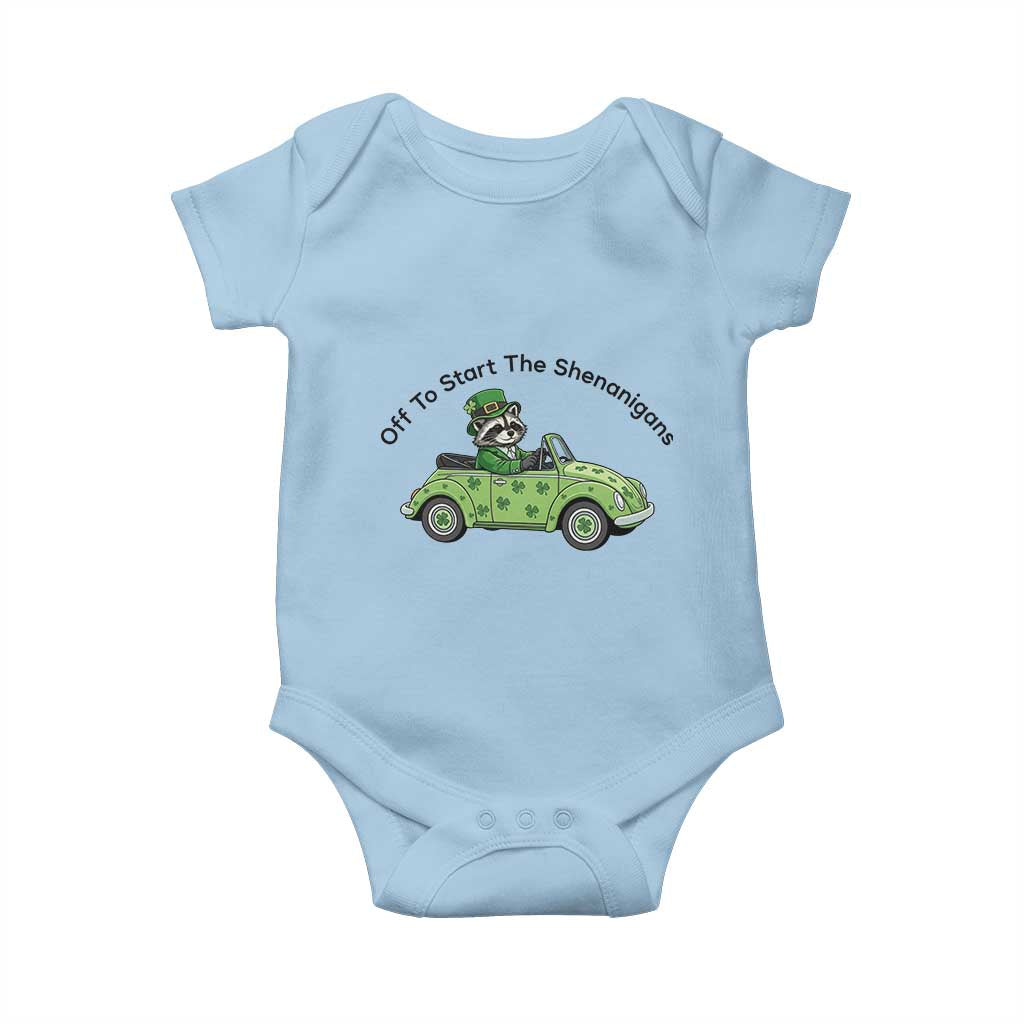 Off To Start The Shenanigans Baby Onesie Funny Irish Raccoon TS12 Light Blue Print Your Wear