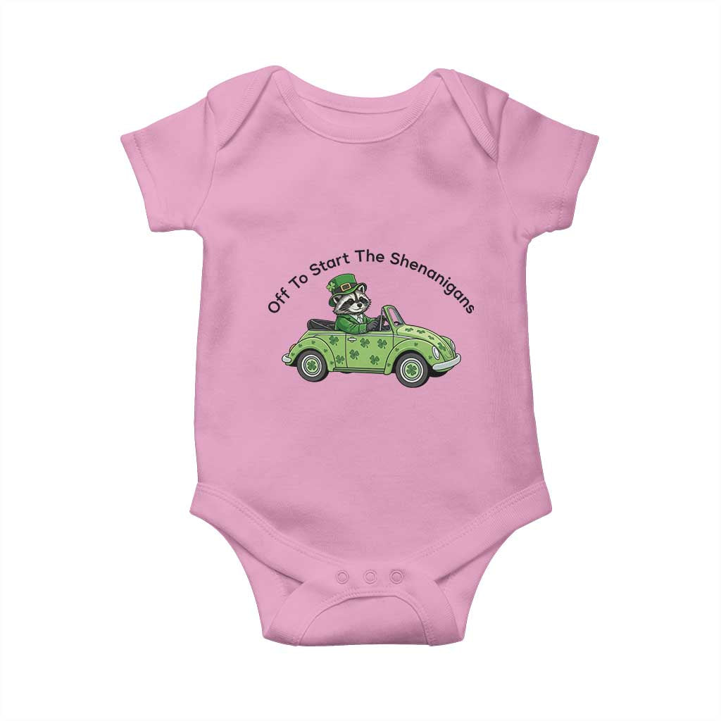 Off To Start The Shenanigans Baby Onesie Funny Irish Raccoon TS12 Light Pink Print Your Wear