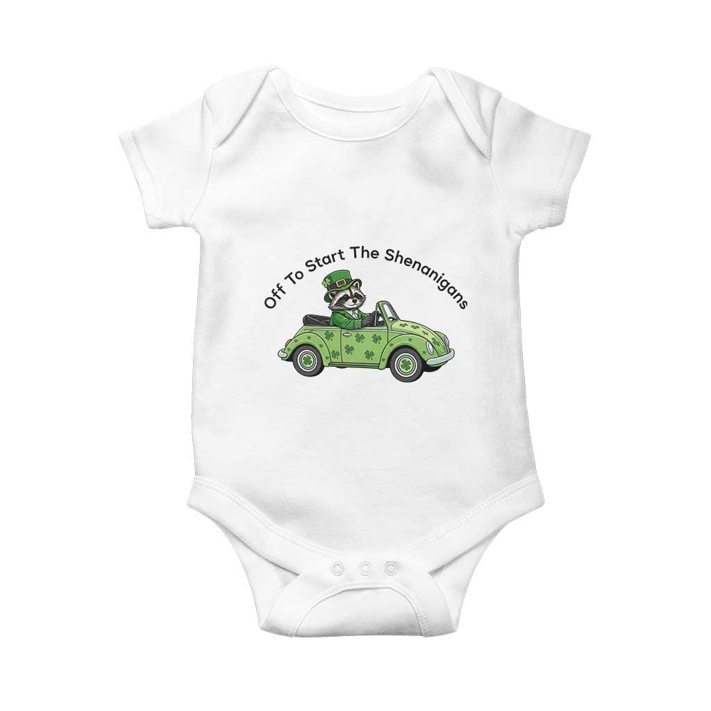 Off To Start The Shenanigans Baby Onesie Funny Irish Raccoon TS12 White Print Your Wear