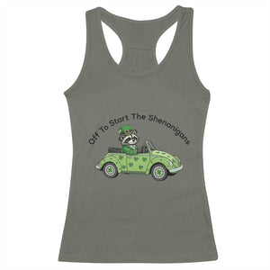 Off To Start The Shenanigans Racerback Tank Top Funny Irish Raccoon TS12 Military Green Print Your Wear
