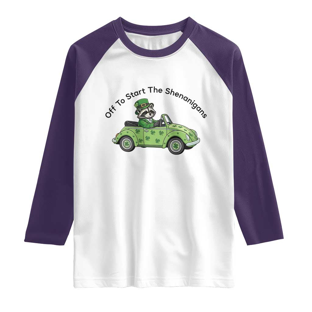 Off To Start The Shenanigans Raglan Shirt Funny Irish Raccoon TS12 White Purple Print Your Wear