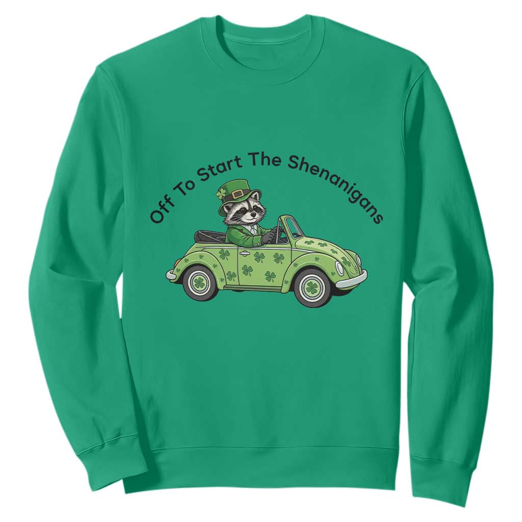 Off To Start The Shenanigans Sweatshirt Funny Irish Raccoon TS12 Irish Green Print Your Wear
