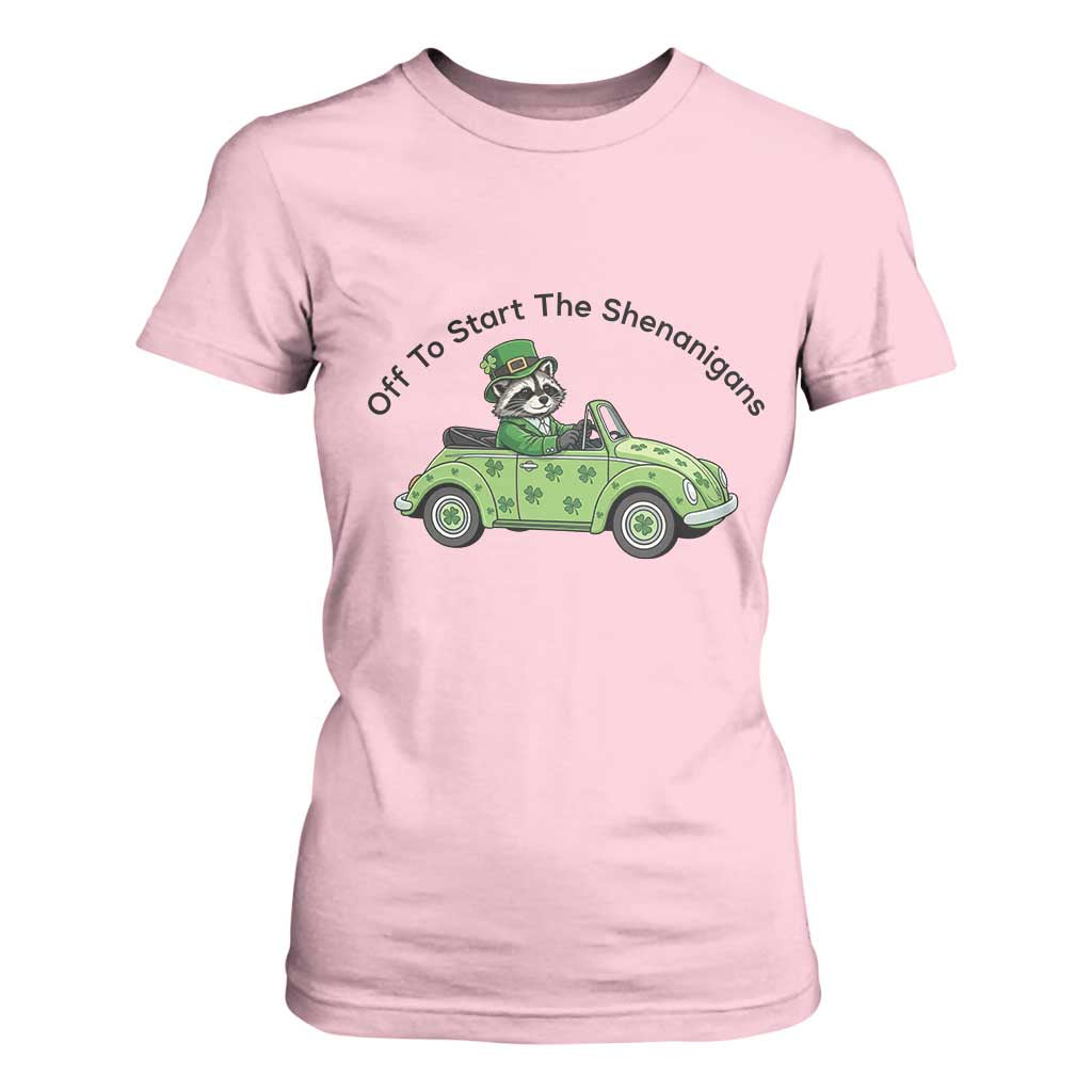 Off To Start The Shenanigans T Shirt For Women Funny Irish Raccoon TS12 Light Pink Print Your Wear