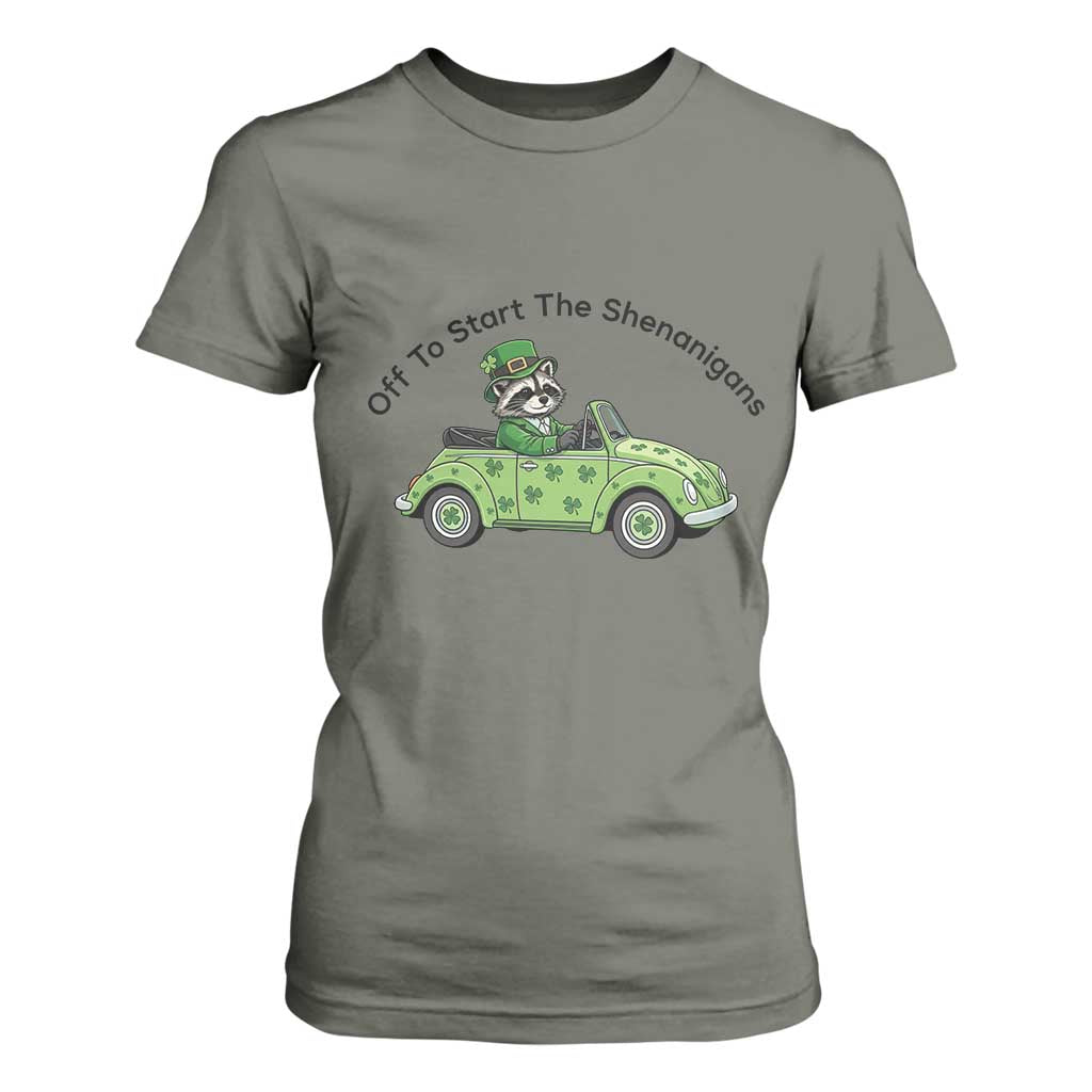 Off To Start The Shenanigans T Shirt For Women Funny Irish Raccoon TS12 Military Green Print Your Wear