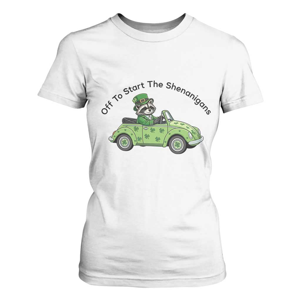 Off To Start The Shenanigans T Shirt For Women Funny Irish Raccoon TS12 White Print Your Wear