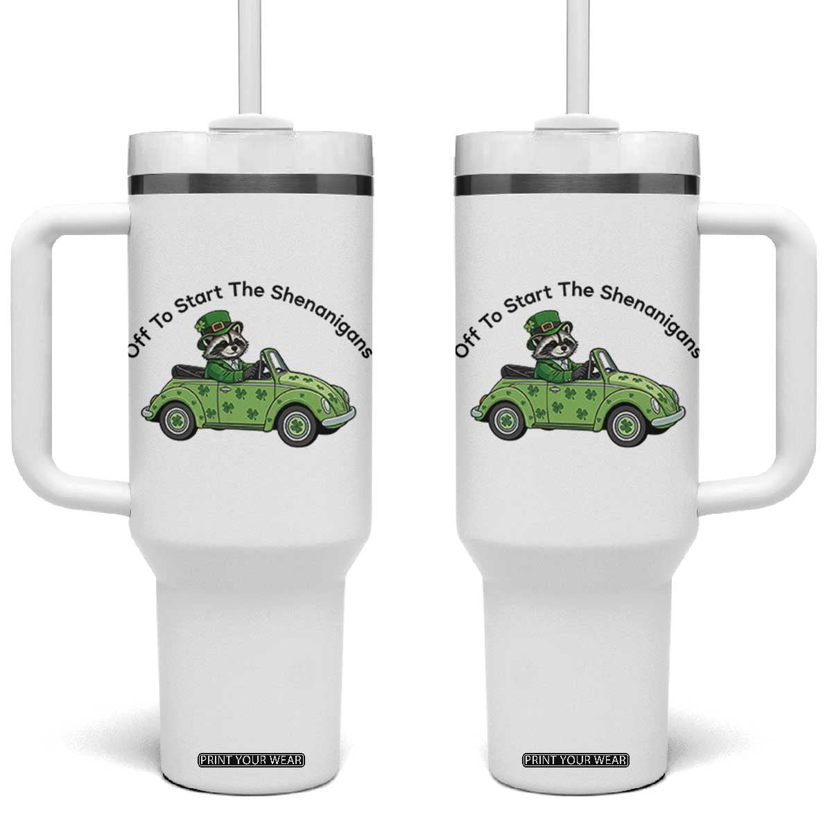 Off To Start The Shenanigans Tumbler With Handle Funny Irish Raccoon TS12 One Size: 40 oz White Print Your Wear
