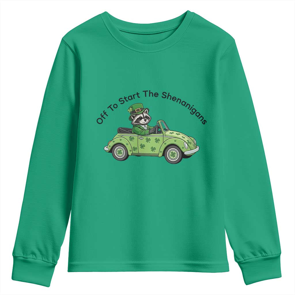 Off To Start The Shenanigans Youth Sweatshirt Funny Irish Raccoon TS12 Irish Green Print Your Wear