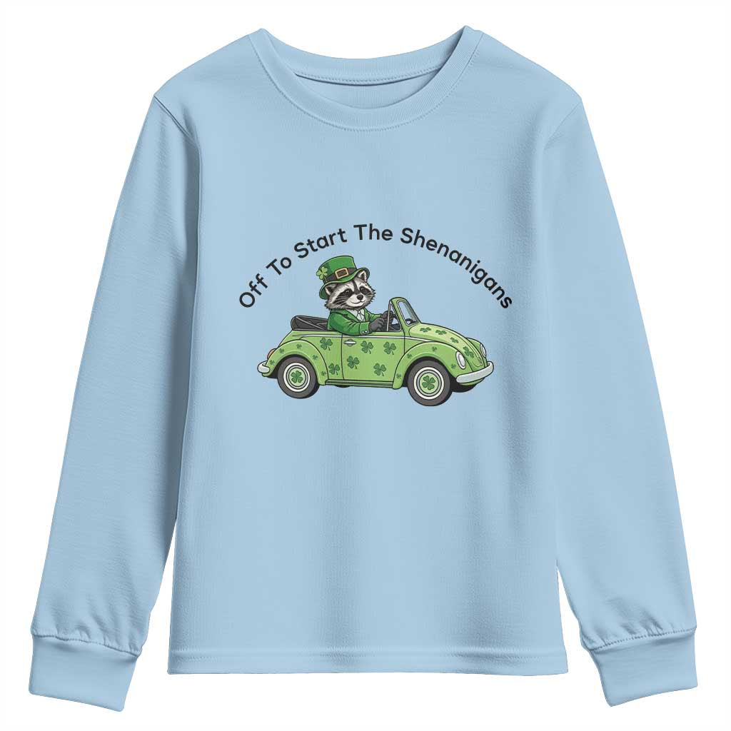 Off To Start The Shenanigans Youth Sweatshirt Funny Irish Raccoon TS12 Light Blue Print Your Wear