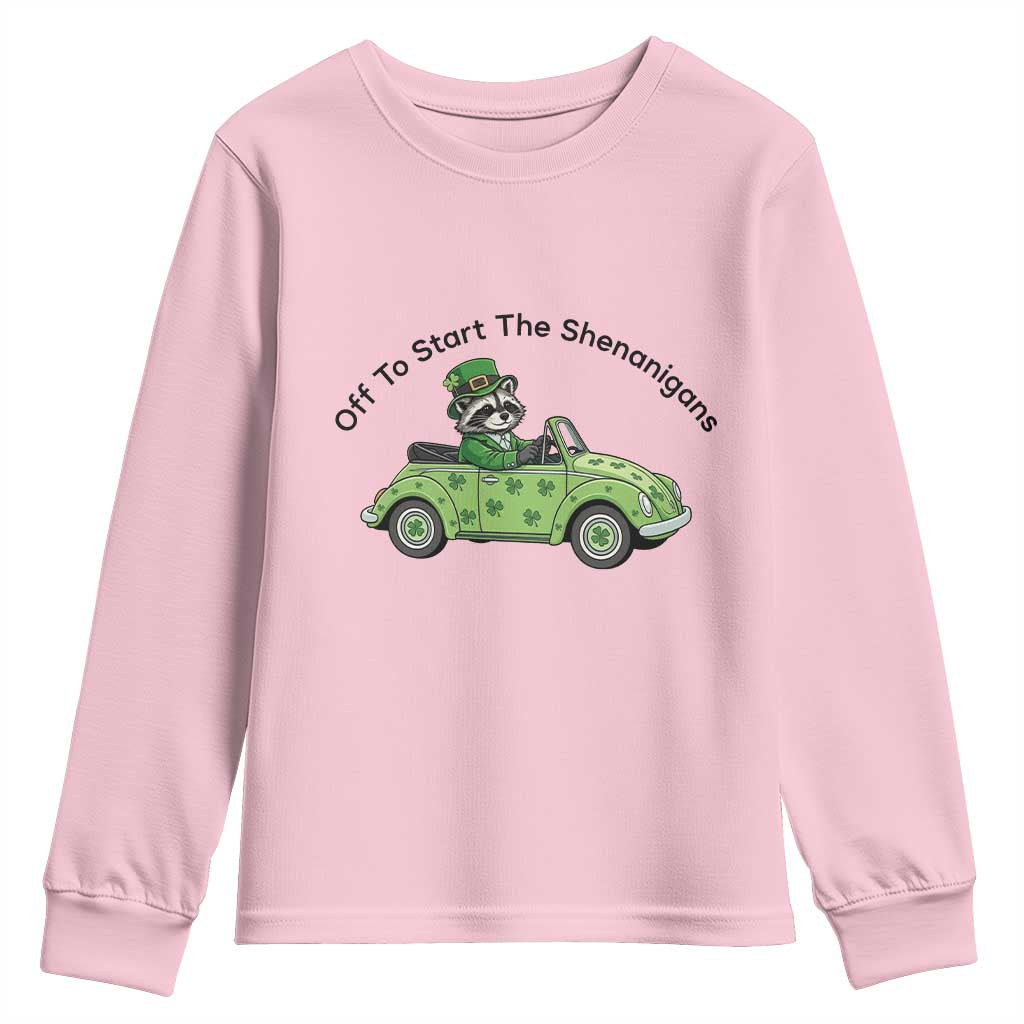 Off To Start The Shenanigans Youth Sweatshirt Funny Irish Raccoon TS12 Light Pink Print Your Wear