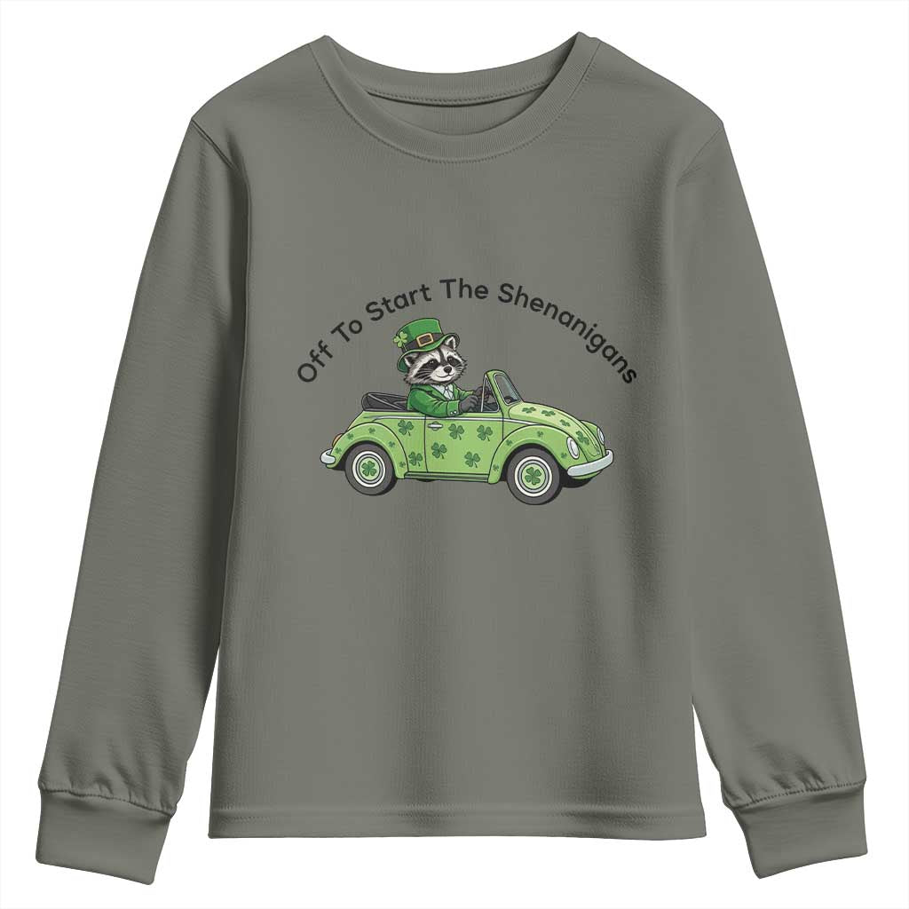 Off To Start The Shenanigans Youth Sweatshirt Funny Irish Raccoon TS12 Military Green Print Your Wear