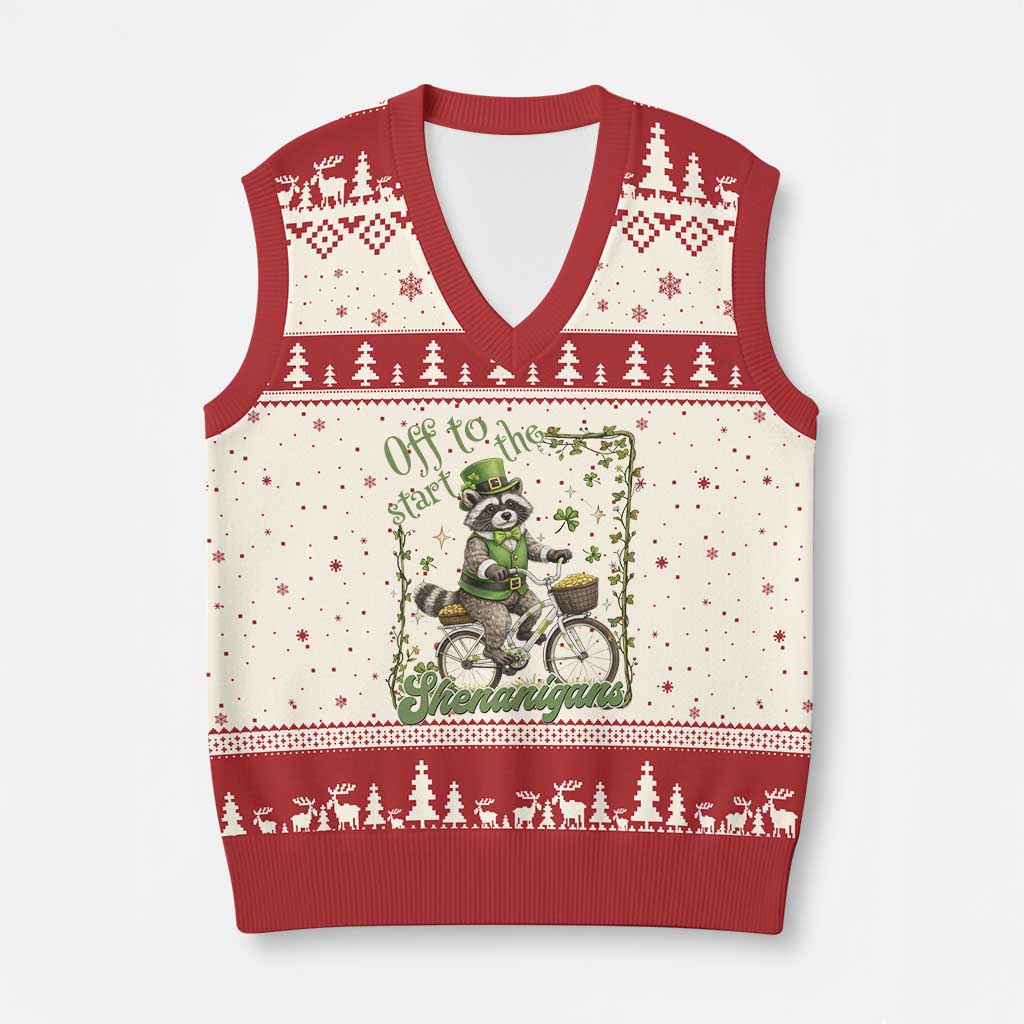 Funny Irish Raccoon Driver V-Neck Knit Sweater Vest Off To Start The Shenanigans TS12 Beige Red Print Your Wear