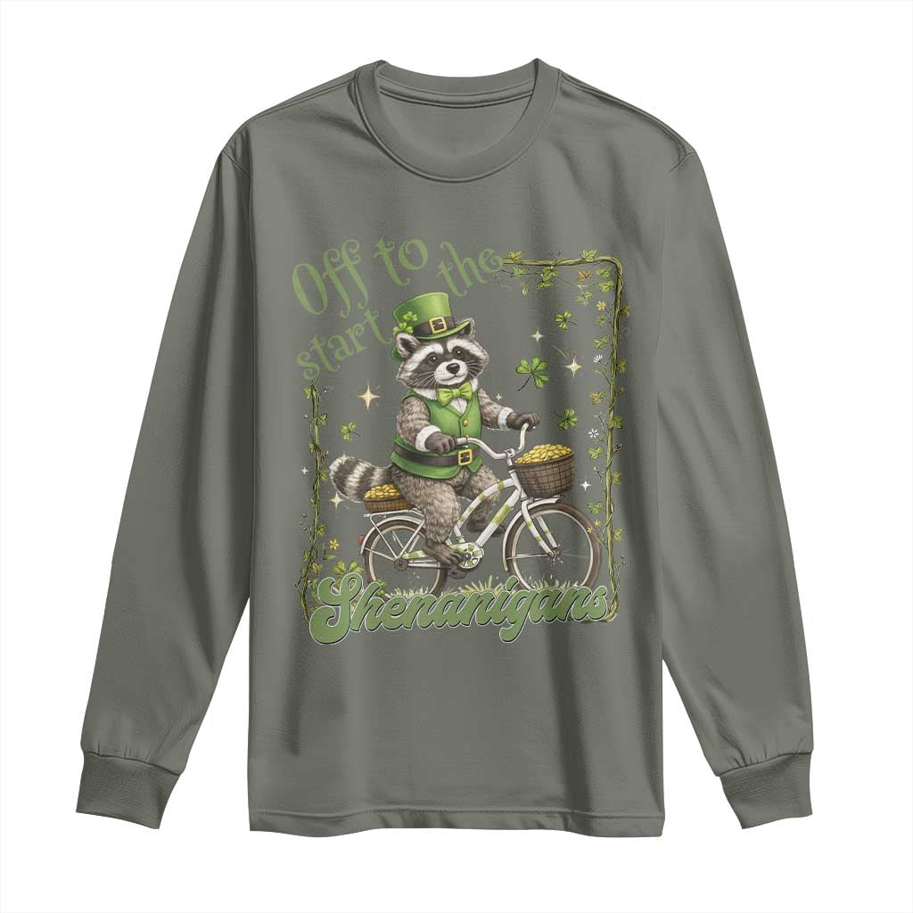 Funny Irish Raccoon Driver Long Sleeve Shirt Off To Start The Shenanigans TS12 Military Green Print Your Wear