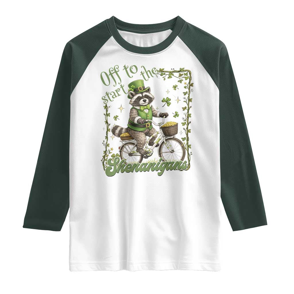 Funny Irish Raccoon Driver Raglan Shirt Off To Start The Shenanigans TS12 White Dark Forest Green Print Your Wear