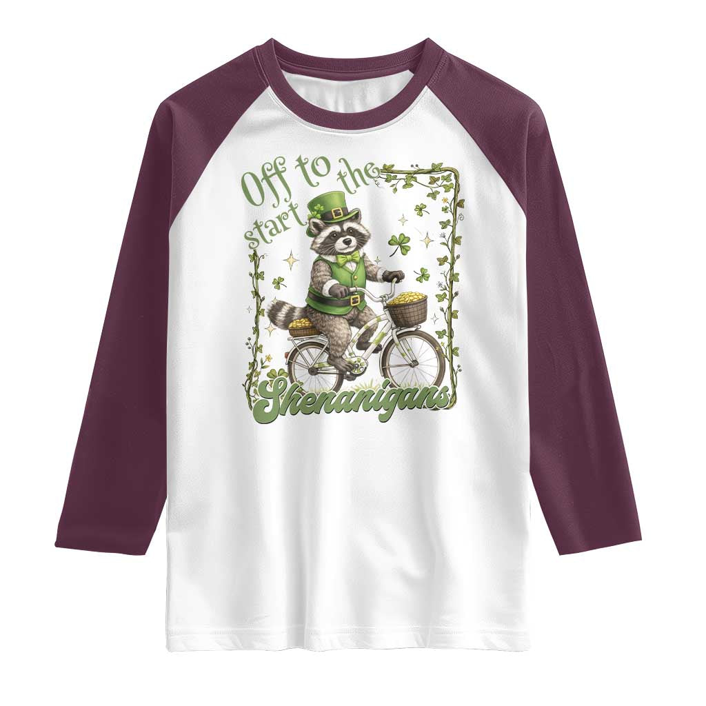 Funny Irish Raccoon Driver Raglan Shirt Off To Start The Shenanigans TS12 White Maroon Print Your Wear
