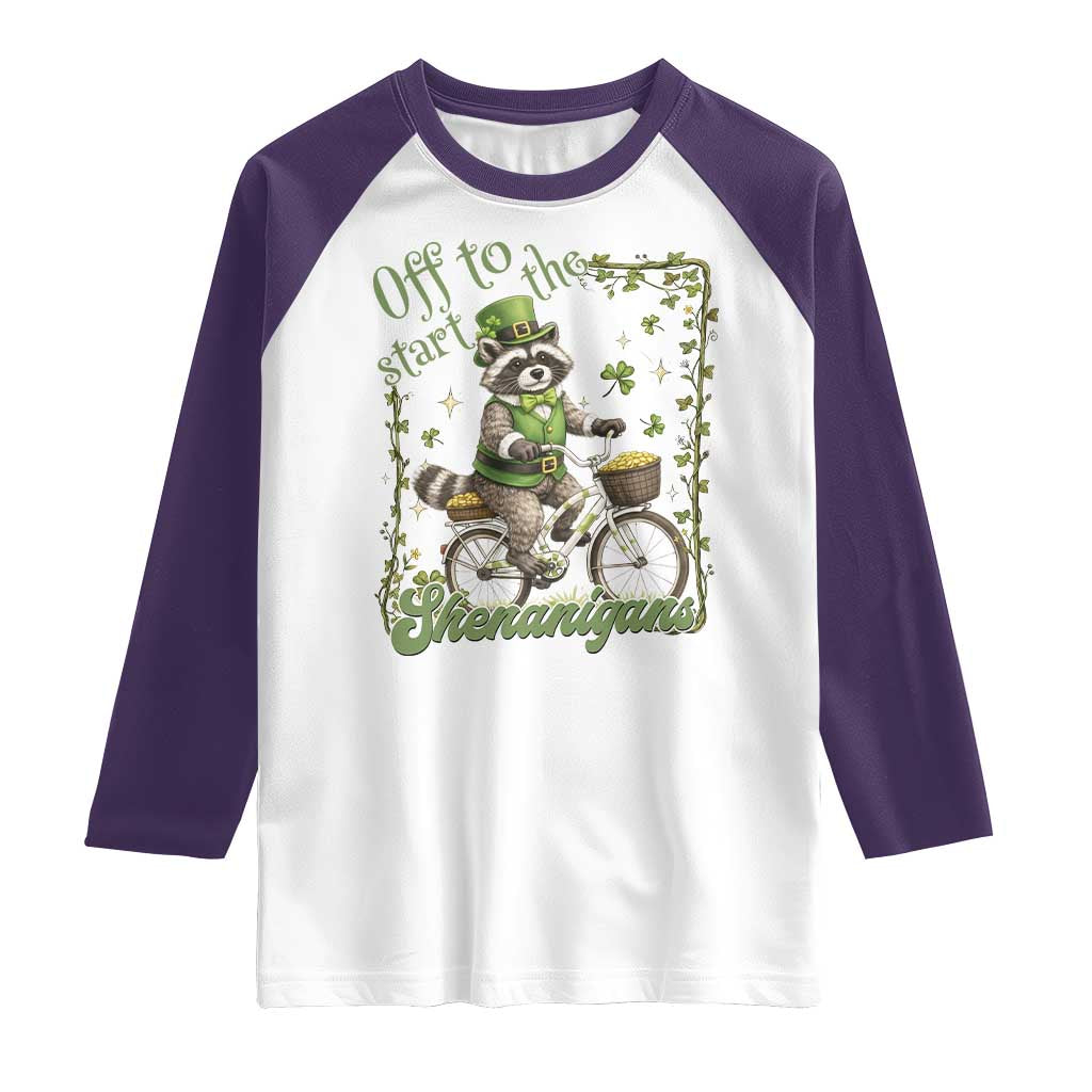 Funny Irish Raccoon Driver Raglan Shirt Off To Start The Shenanigans TS12 White Purple Print Your Wear