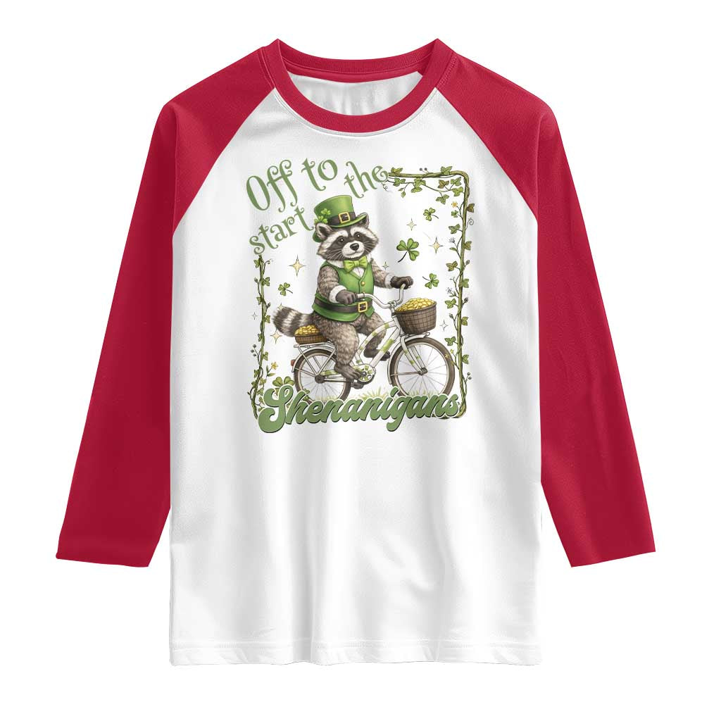 Funny Irish Raccoon Driver Raglan Shirt Off To Start The Shenanigans TS12 White Red Print Your Wear