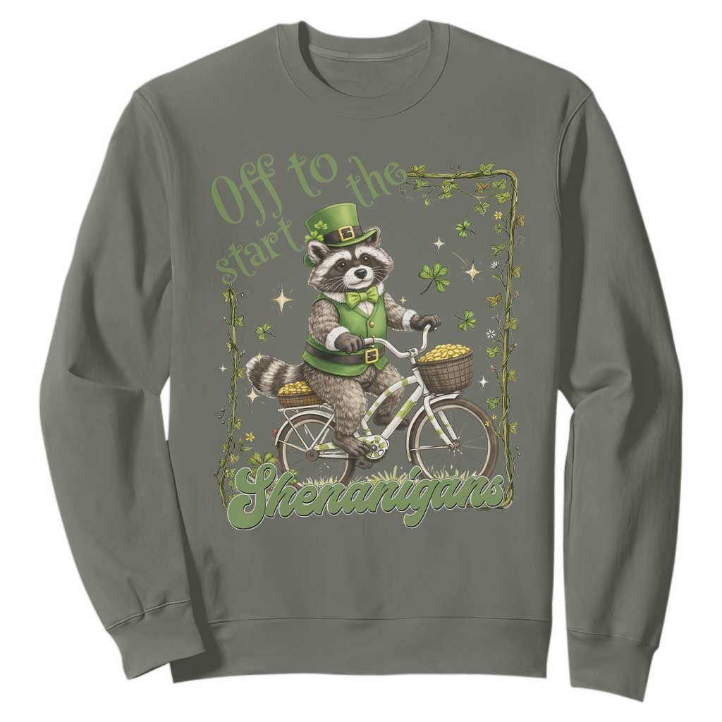 Funny Irish Raccoon Driver Sweatshirt Off To Start The Shenanigans TS12 Military Green Print Your Wear