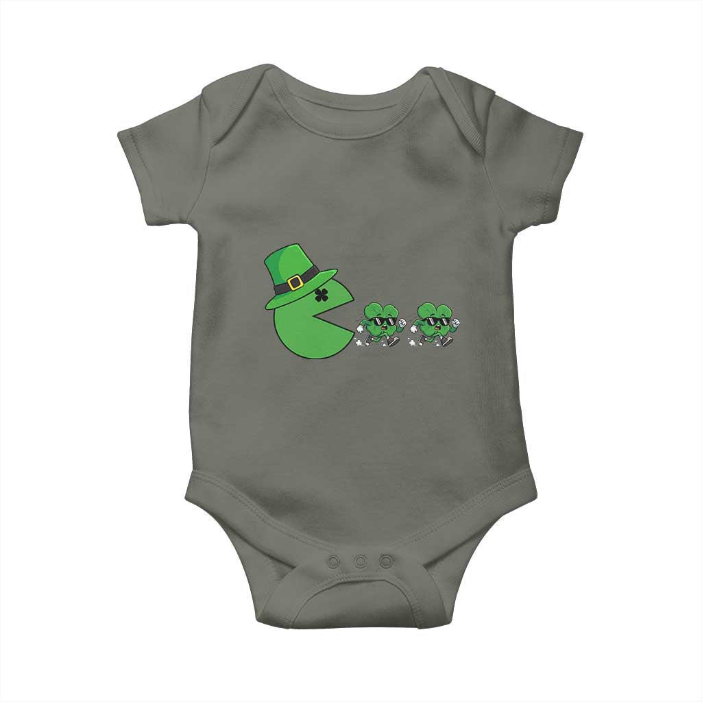 St Patricks Day Retro Gamer Eating Shamrock Lucky Gift Baby Onesie TS12 Military Green Print Your Wear