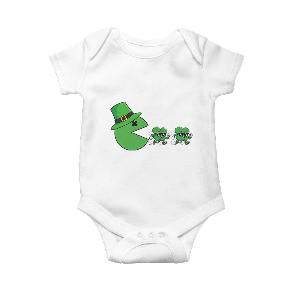St Patricks Day Retro Gamer Eating Shamrock Lucky Gift Baby Onesie TS12 White Print Your Wear