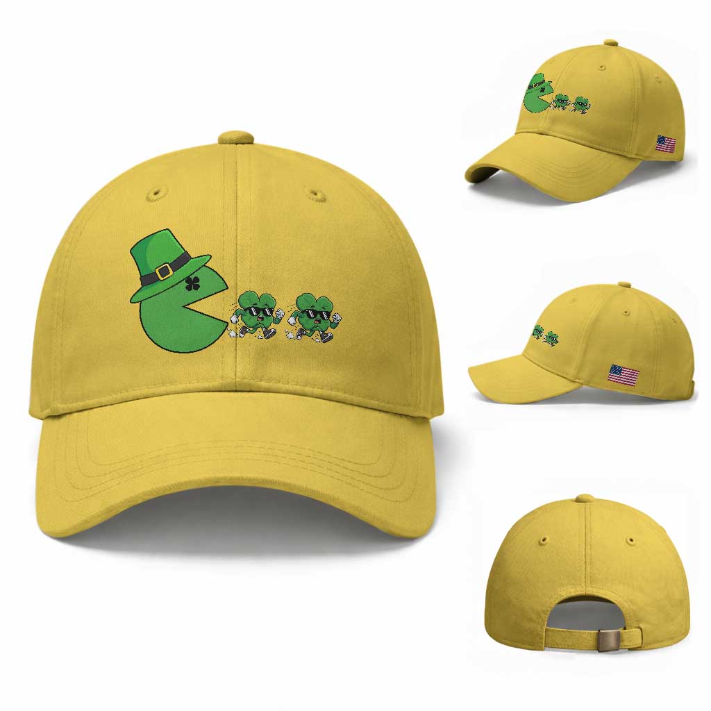 St Patricks Day Retro Gamer Eating Shamrock Lucky Gift Baseball Cap TS12 Baseball Cap Universal Fit Yellow Print Your Wear