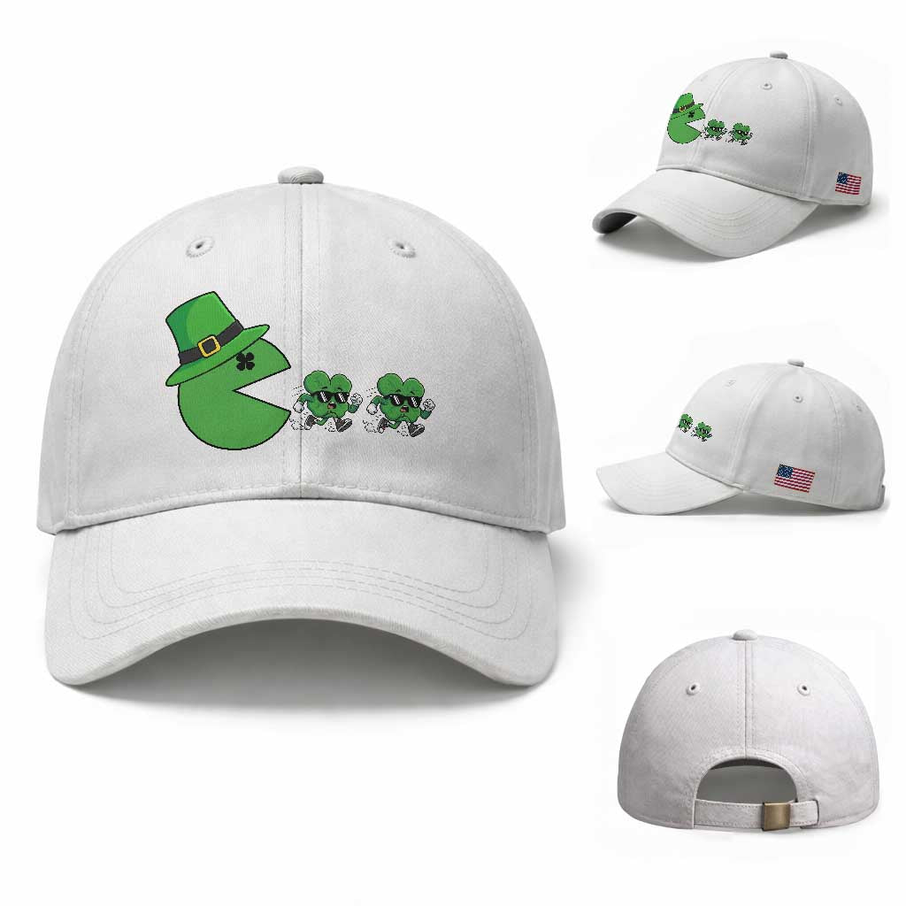 St Patricks Day Retro Gamer Eating Shamrock Lucky Gift Baseball Cap TS12 Baseball Cap Universal Fit White Print Your Wear